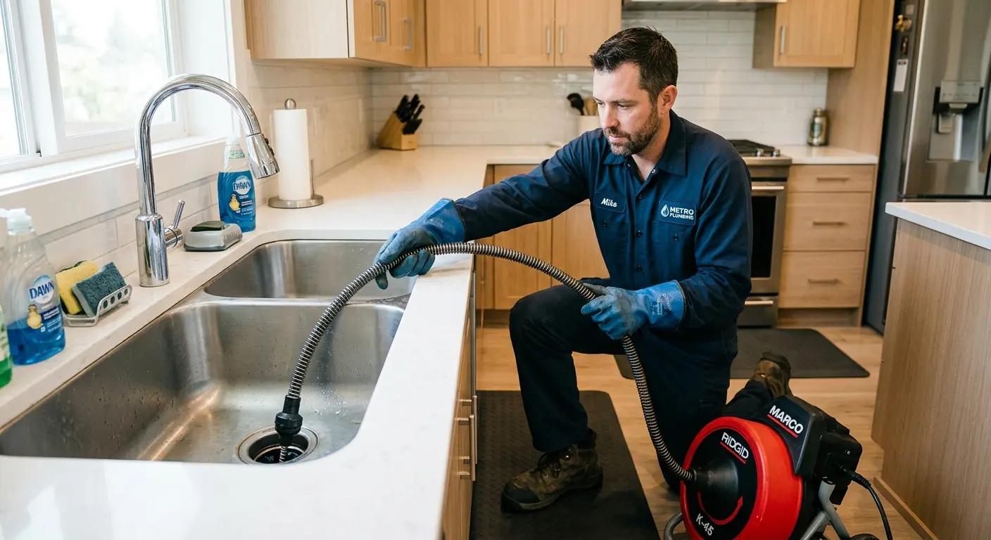 Drain cleaning technician using a motorized snake on a kitchen sink in Oelwein