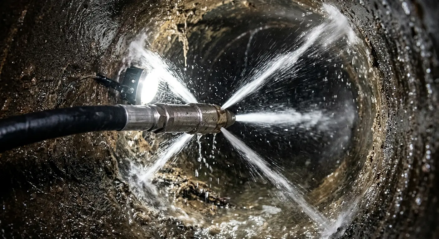 High-pressure hydro jetting nozzle cleaning sewer pipe for Storm Drain Cleaning in Oelwein