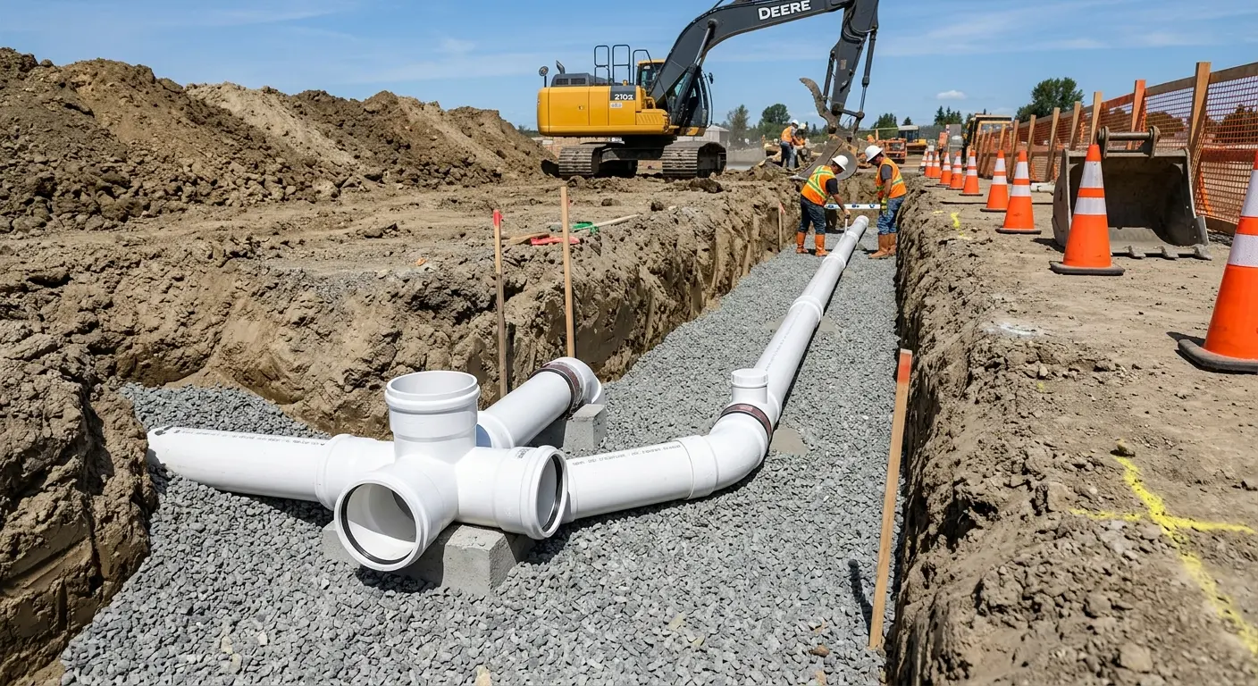 New PVC sewer pipe installation in open trench for Grease Trap Cleaning in Oelwein