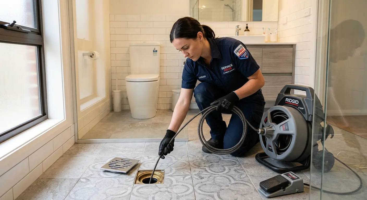 Technician clearing a bathroom floor drain for Sewer Line Installation in Oelwein